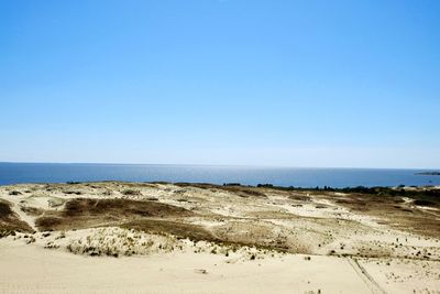 Scenic view of beach against clear blue sky