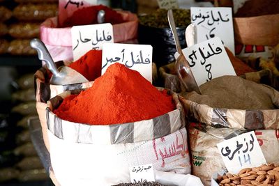 High angle view of spices for sale at market stall