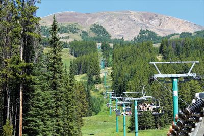 Scenic view of trees and mountains against sky