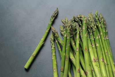 High angle view of vegetables on table, green asparagus