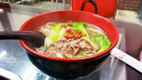 High angle view of soup in bowl on table