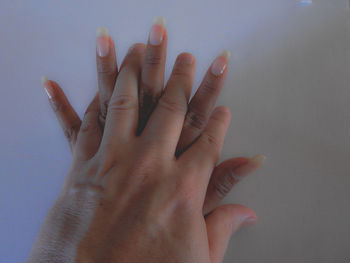 Close-up of hand touching leaf over white background