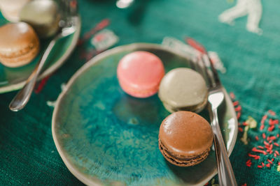 High angle view of eggs in plate on table