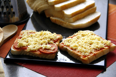 High angle view of breakfast served on table