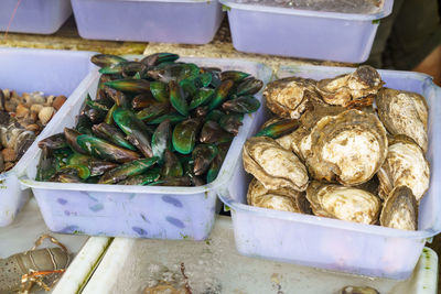 High angle view of food for sale at market stall