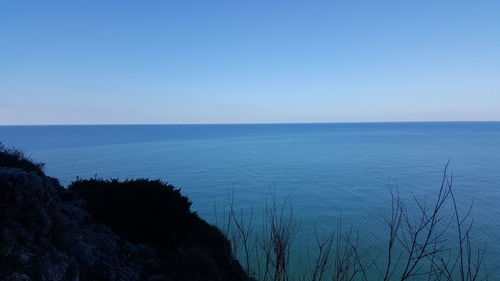 Scenic view of sea against clear blue sky