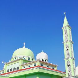 Low angle view of building against clear blue sky