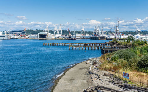 A view of cranes along the docks in the port of seattle.