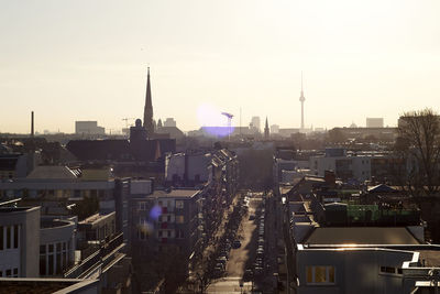 High angle view of buildings in city