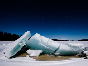 Snow covered landscape against clear blue sky