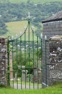 Close-up of metal gate against trees
