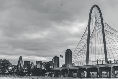 View of suspension bridge against cloudy sky