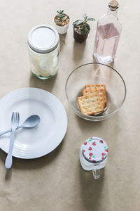 High angle view of breakfast on table