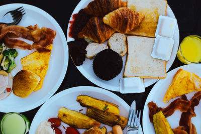 High angle view of breakfast served on table