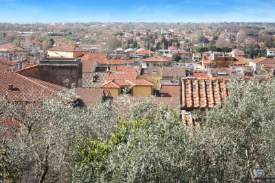 High angle view of townscape against sky