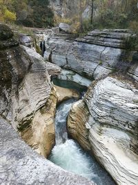 High angle view of water flowing through rocks