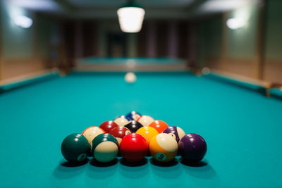 Close-up of pool balls on table