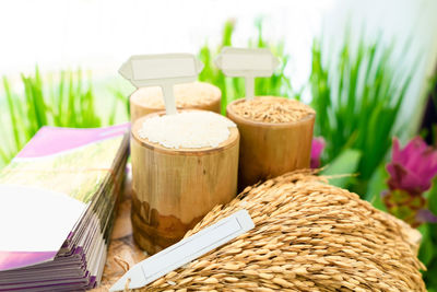 Close-up of wicker basket on table