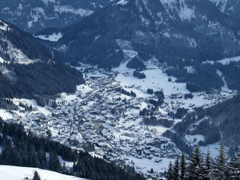 Scenic view of snow covered mountains