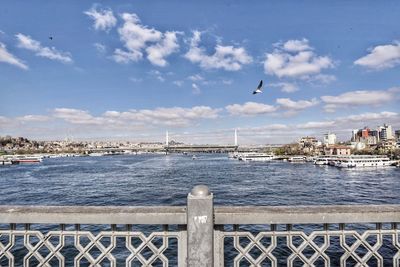 Birds flying over river against sky