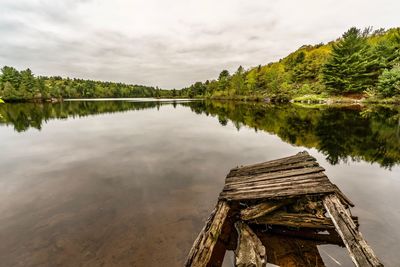 Reflection of trees in lake against sky