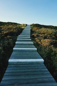 Boardwalk leading towards landscape against clear sky