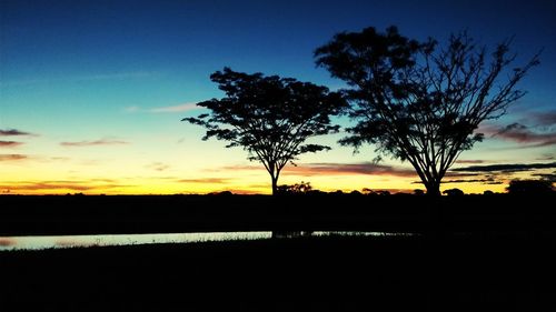 Silhouette trees on landscape against sky at sunset