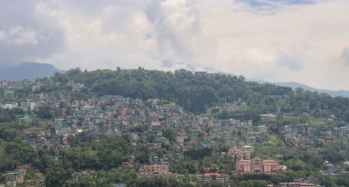 High angle view of buildings against sky