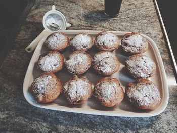 High angle view of dessert in tray