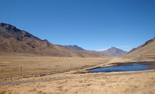 Scenic view of arid landscape and mountains against clear blue sky