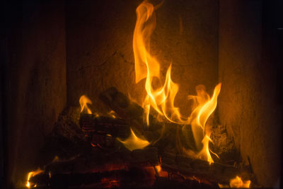 Close-up of fire burning at night