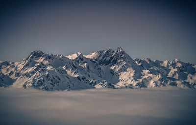 Scenic view of snow mountains against clear sky