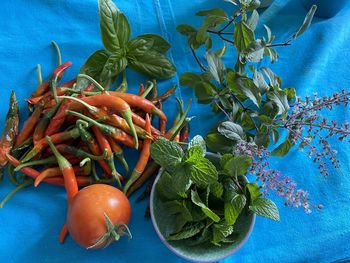 High angle view of fruits on table