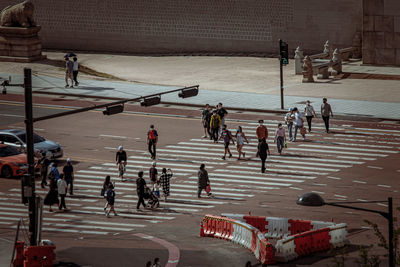 High angle view of people on street