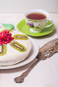 Close-up of dessert served on table