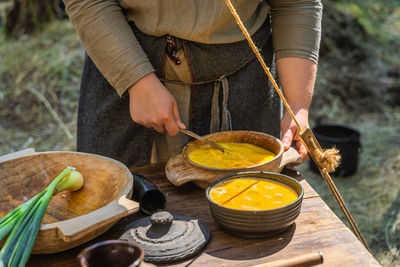 High angle view of man preparing food