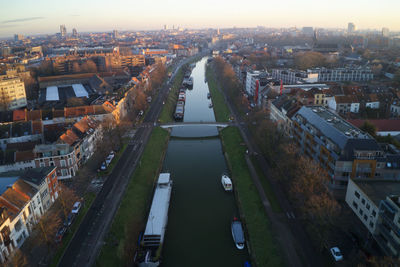 High angle view of street amidst buildings in city