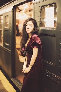 Portrait of beautiful woman on train