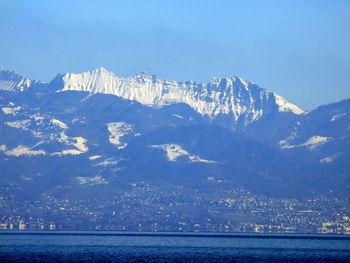 Scenic view of sea by snowcapped mountain against sky