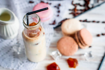 High angle view of drink in glass jar on table