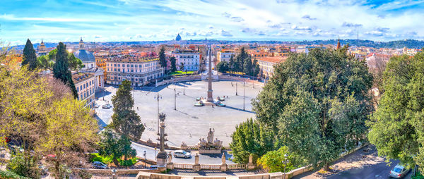 Rome, italy. panoramic view of piazza del popolo from villa borghese during the covid-19 epidemic.
