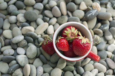 High angle view of strawberries in container