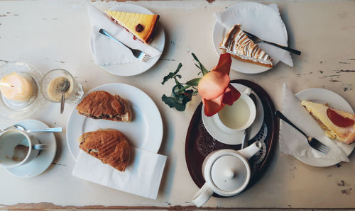 High angle view of breakfast on table