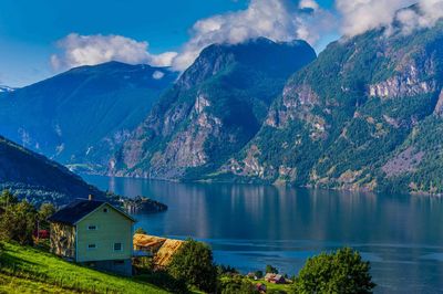 Panoramic view of lake and mountains against sky