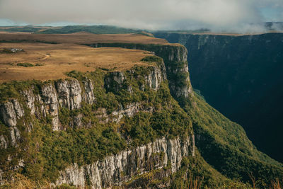 Fortaleza canyon with steep rocky cliffs covered by forest near cambará do sul. brazil.