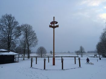 Country beer garden cafe covered in snow during winter