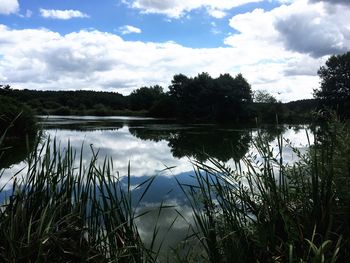 Scenic view of lake against cloudy sky