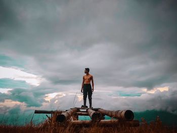 Rear view of shirtless man standing on field against sky