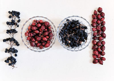 High angle view of fruits on table against white background