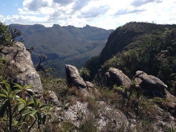 Scenic view of mountain range against sky